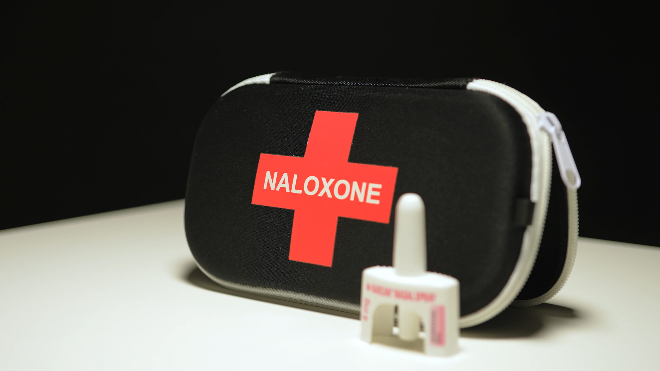 Naloxone and Narcan nasal spray in the emergency overdose kit bag used for recovery from narcotic opioid medications or street drugs overdose: Toronto, Ontario, Canada - March 23, 2024