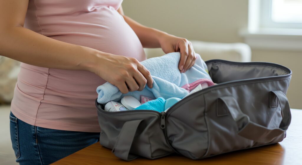 Expecting mother is packing a bag with baby items in her home preparing for the hospital visit and upcoming arrival Use for pregnancy or parenting content.