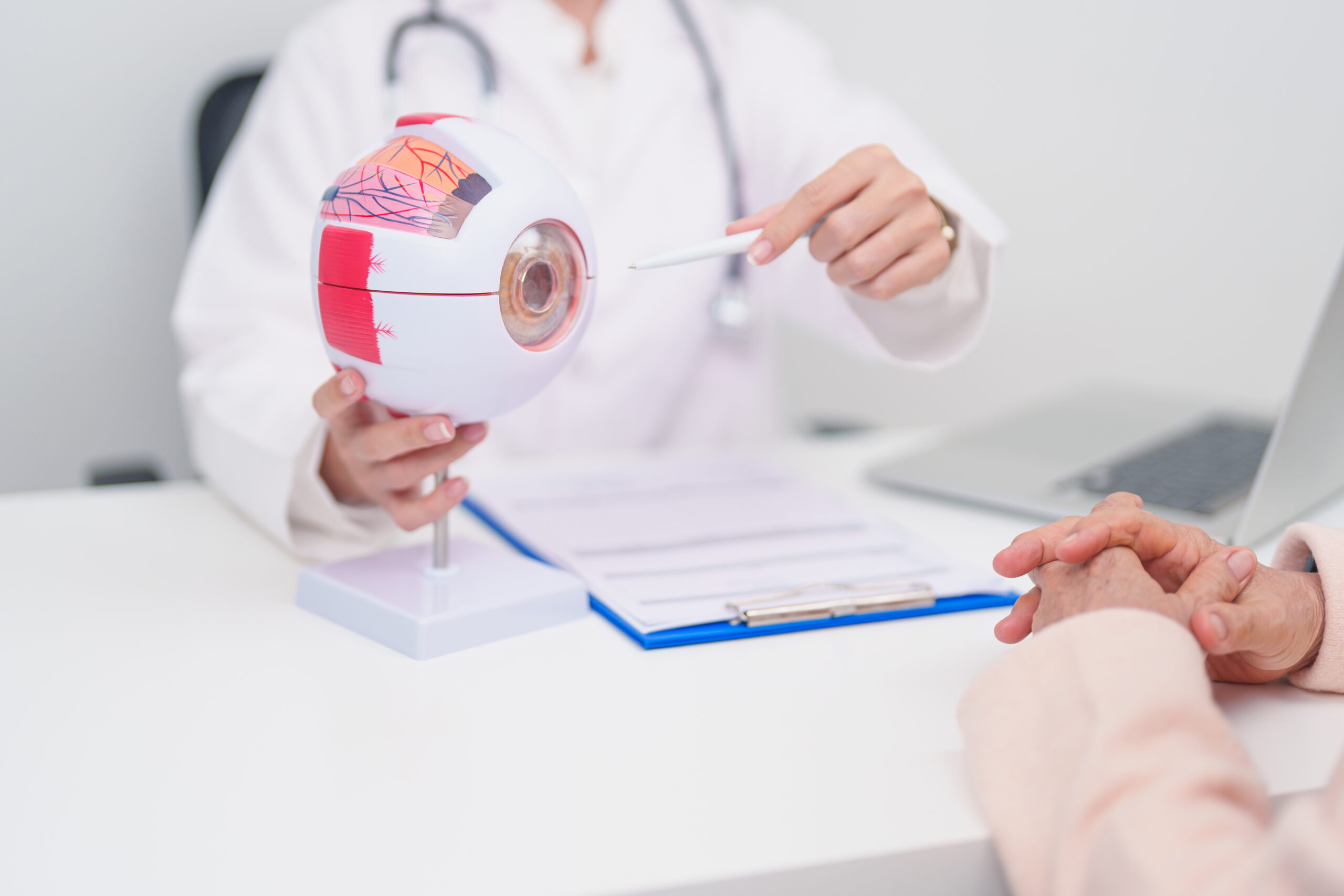 Elderly Patient consulting Doctor to Eye disease, Senior Medical Diagnosis. Anatomy Eye model for Cataract, Glaucoma, Age Related Macular Degeneration, Diabetic Retinopathy, Vitreous, health concept